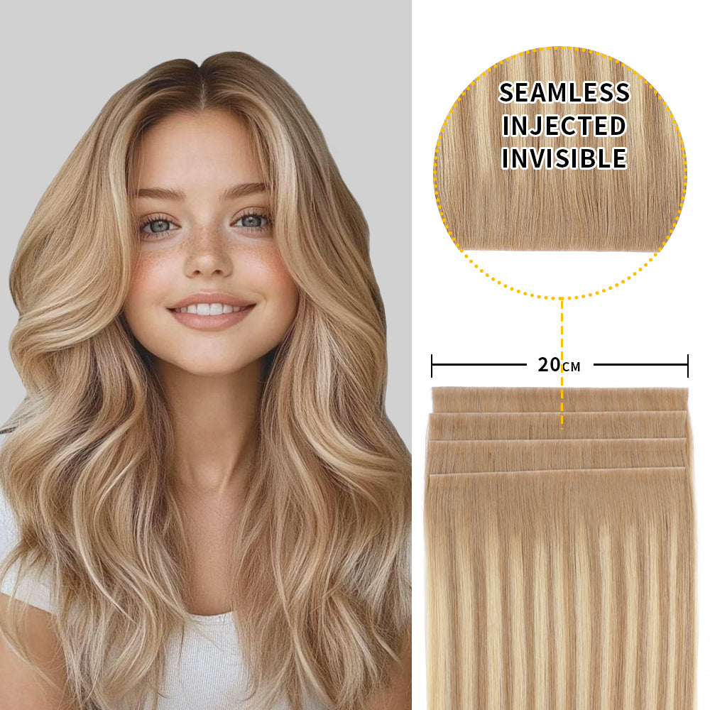 Model showcasing Realmhair 20*0.8cm long invisible tape in hair extension 4Pcs (#T18/18/613)