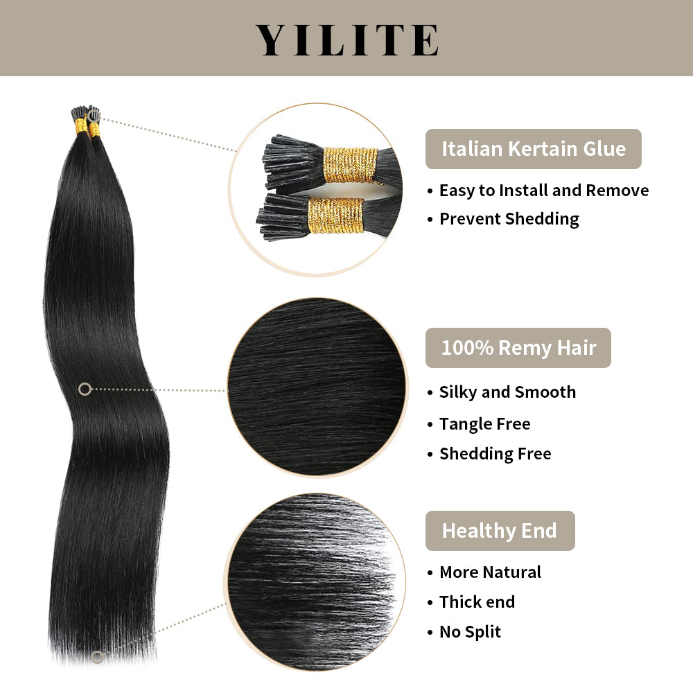 Realmhair I Tip hair extensions with Italian keratin glue, 100% virgin hair, healthy ends (#1)