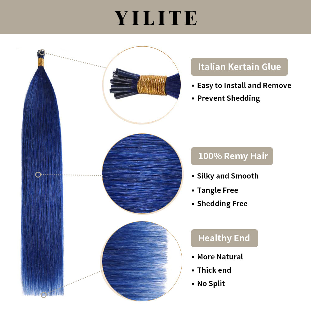 Realmhair Blue I Tip hair extensions with Italian keratin glue, 100% virgin hair, healthy ends