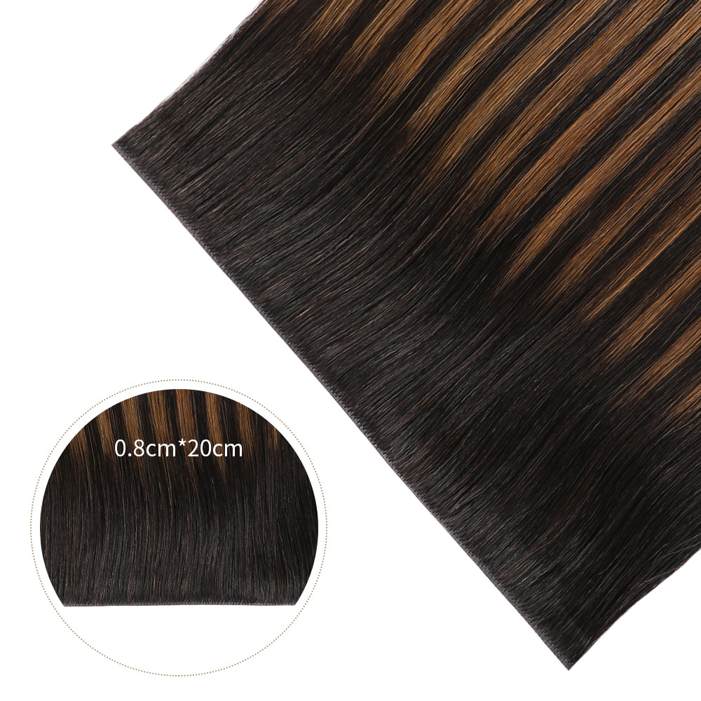 Close-up of Realmhair 20¡Á0.8cm invisible tape-in hair extensions in color #P1B/6/T1B