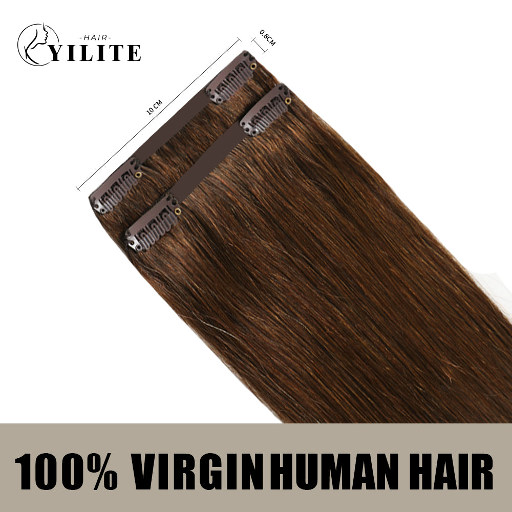 Back view of 2 clip-in hair pads with 2 clips each, 100% virgin human hair in color #4 Dark Brown