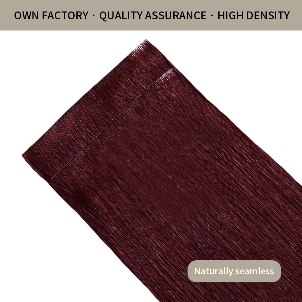 Back view of 2 clip-in hair pads with 2 clips each, 100% virgin human hair in color #99J Burgundy