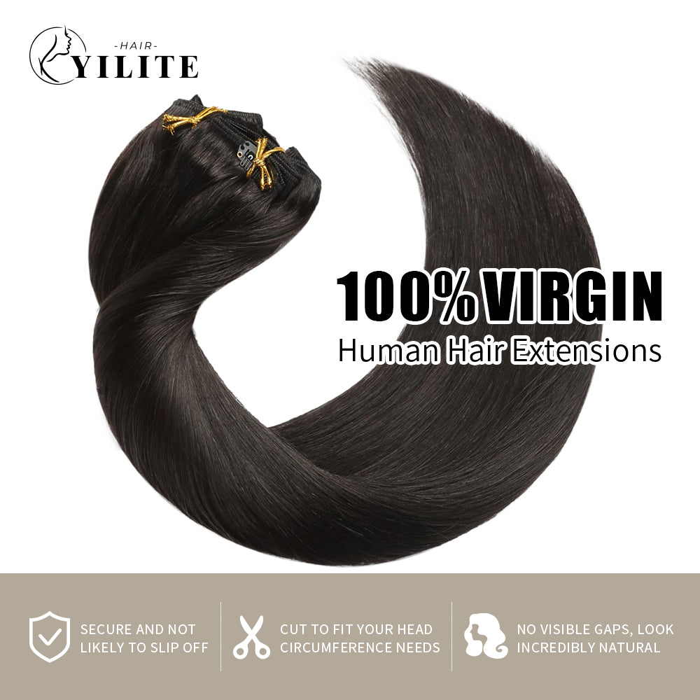 Realmhair Clip In Hair Extensions 7Pcs 16 Clips Invisible Natural Virgin Human Hair (#1B Natural Black)