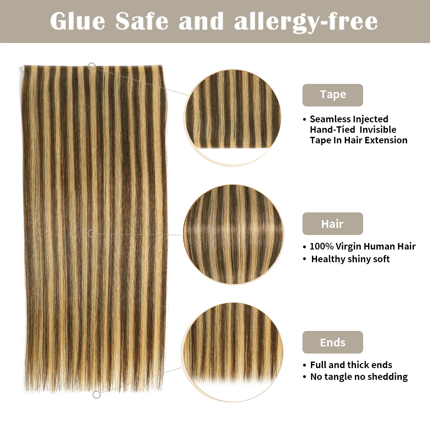 Details of Realmhair invisible tape-in extensions (#P4/27): seamless tape, virgin hair, thick ends