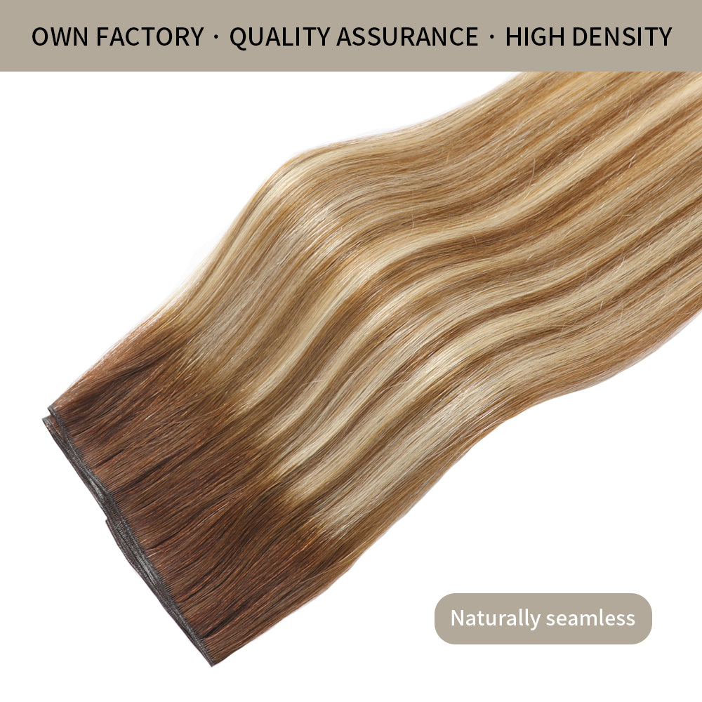 Close-up of Realmhair seamless high-density genius weft 2Pcs in #P6/613/T4 with thin weft base