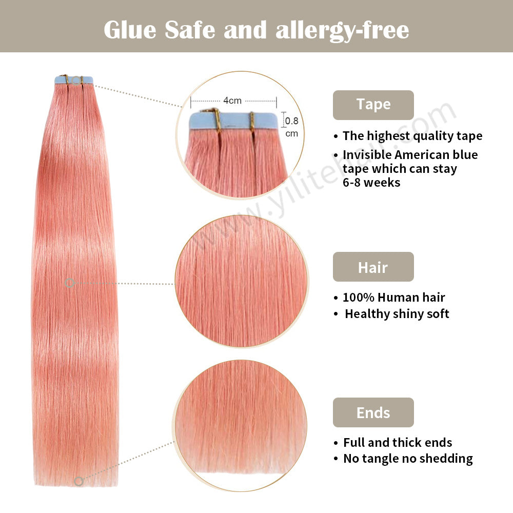 Realmhair Tape In Hair Extensions Tape Ins Invisible Natural Remy Human Hair (#Rose Pink)-Realmhairhair