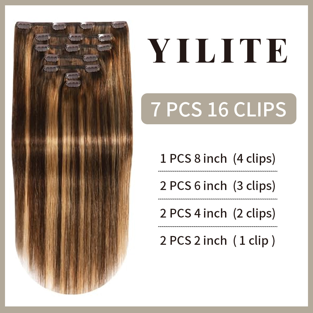 Realmhair clip-in extensions 7pcs 16 clips layout with size and clip count (#P4/27/T4)