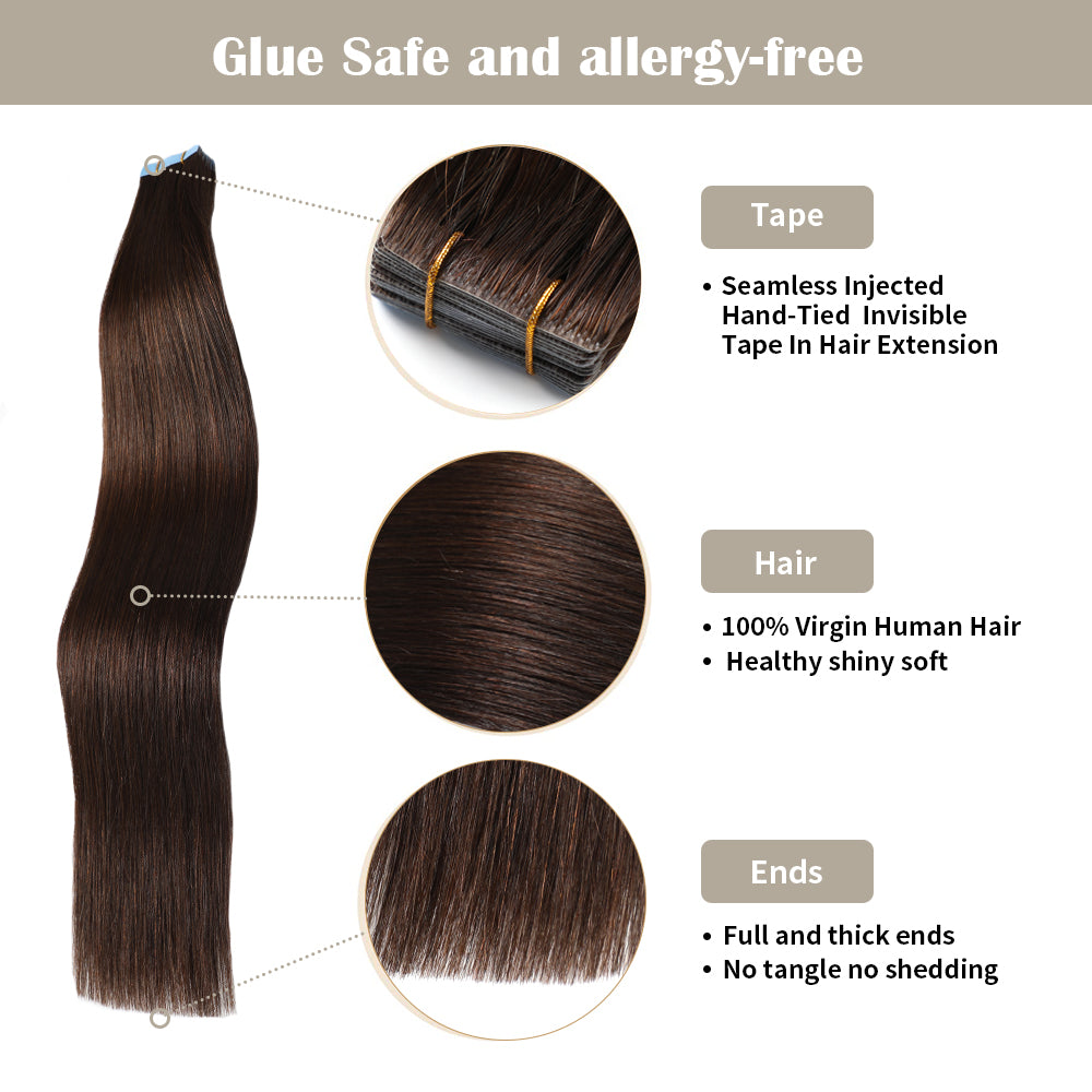 Invisible tape in hair extensions 20Pcs with safety tapes and full hair ends (#2 Darkest Brown)