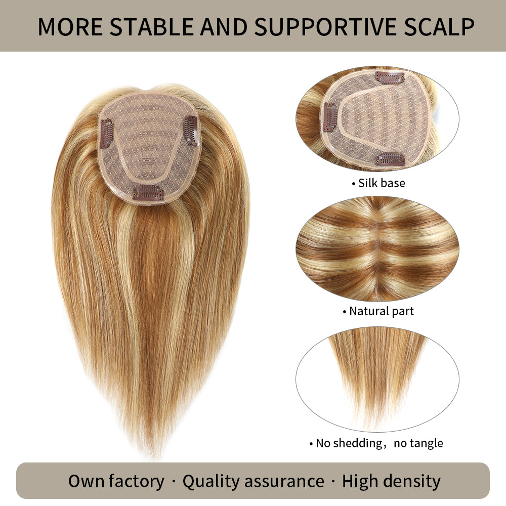 Realmhair silk base hair topper with natural part and thick strands in color P10/22