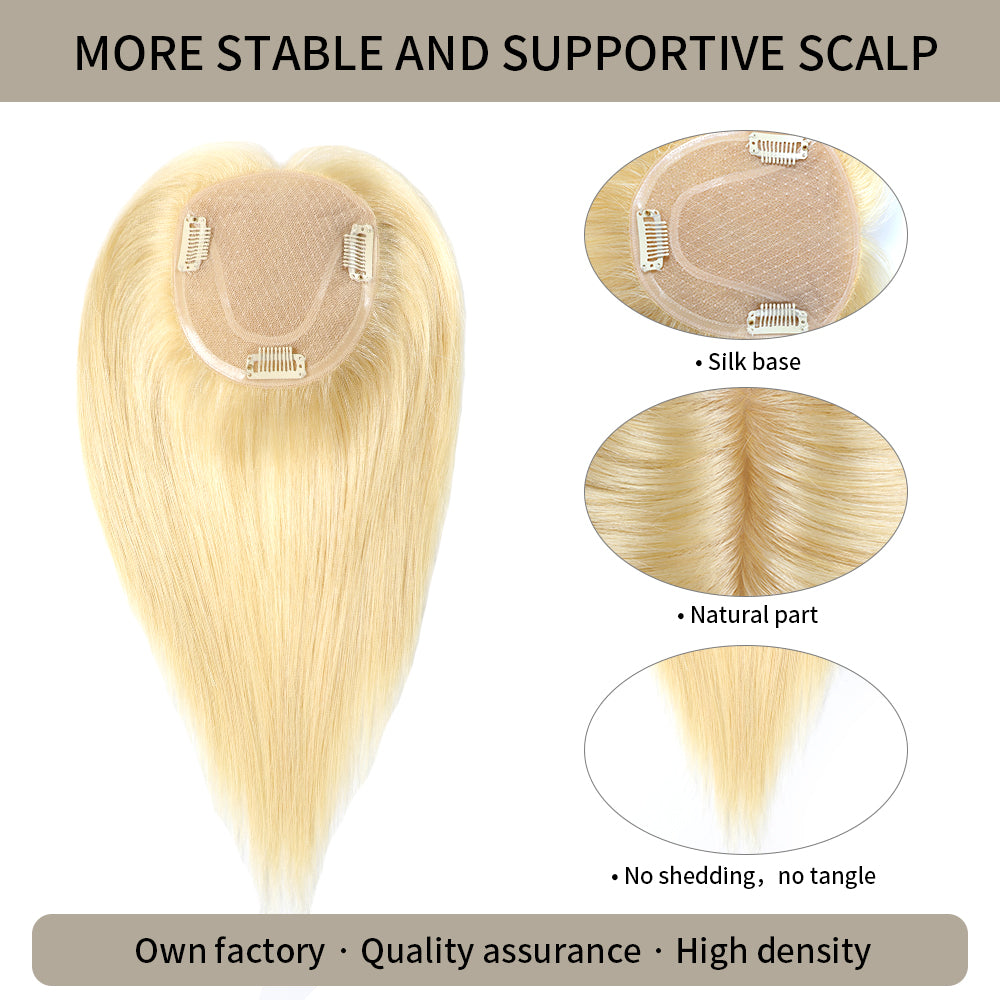 Realmhair silk base hair topper with natural part and thick strands in #613 Bleach Blonde