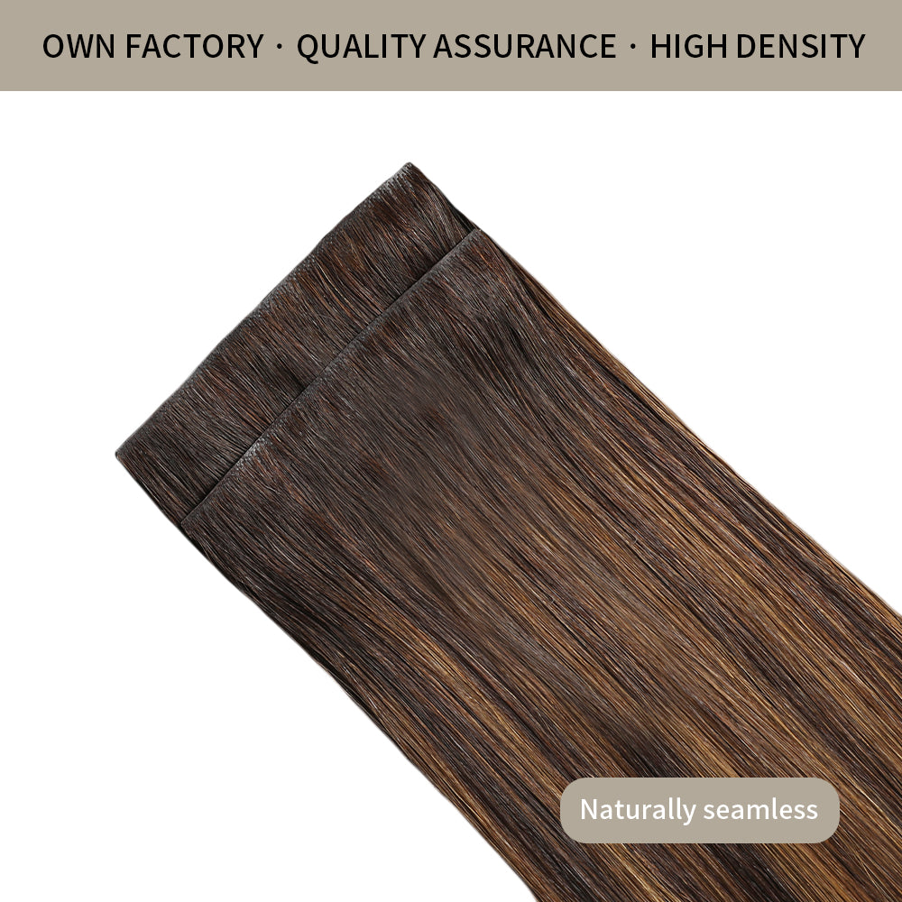 Front view of 2 seamless injected invisible clip in hair extensions (#P2/6/T2)