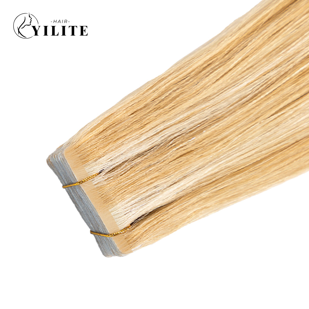 Close-up of Narrow Seamless Injected Hand-Tied Invisible Mini Tape In Hair Extension (#P27/613)