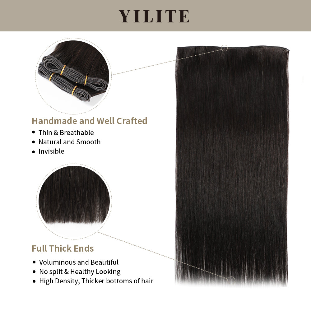 Realmhair #1B Natural Black genius weft 1Pc with thin handmade top and full thick ends