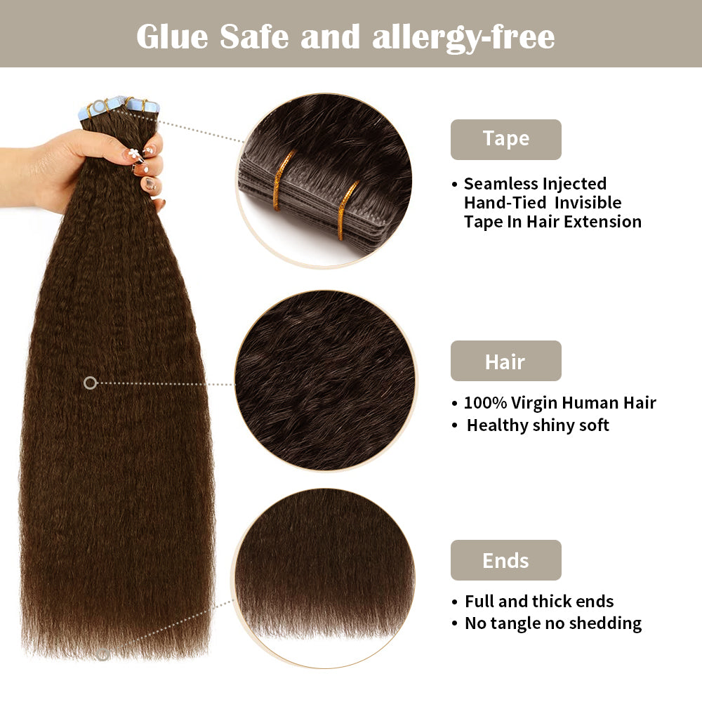 Realmhair kinky invisible tape in extensions with safety tapes and full hair ends (#2 Darkest Brown)