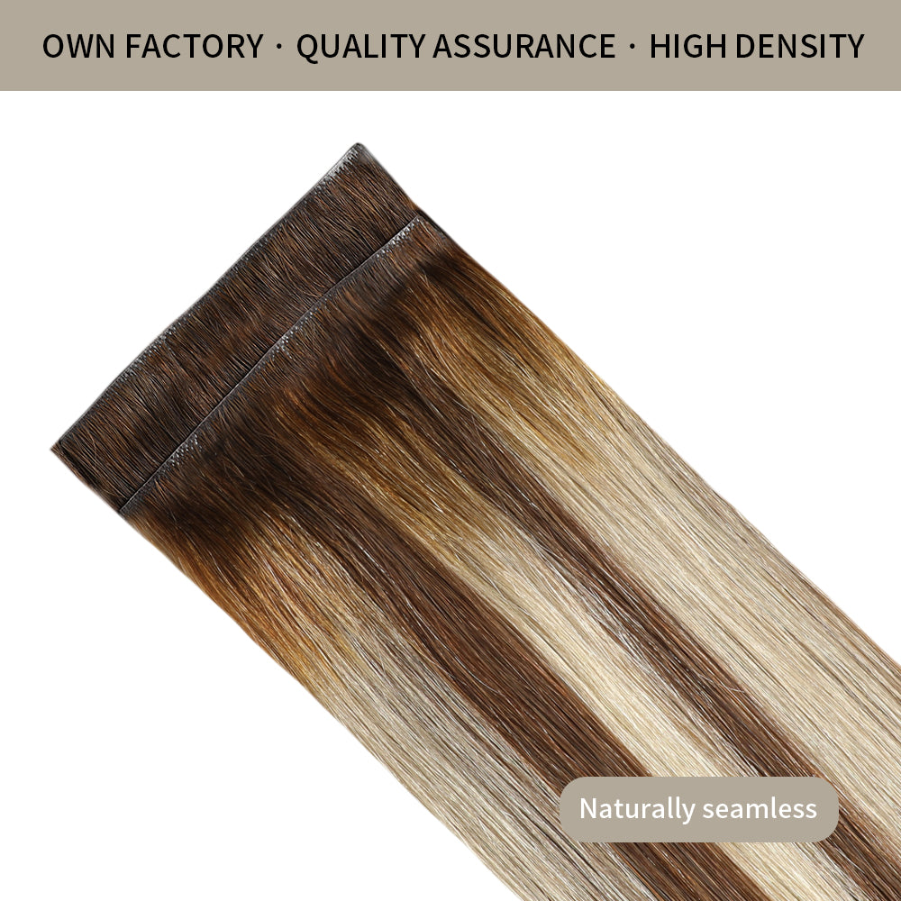 Front view of 2 seamless injected invisible clip in hair extensions (#P6/613/T4)
