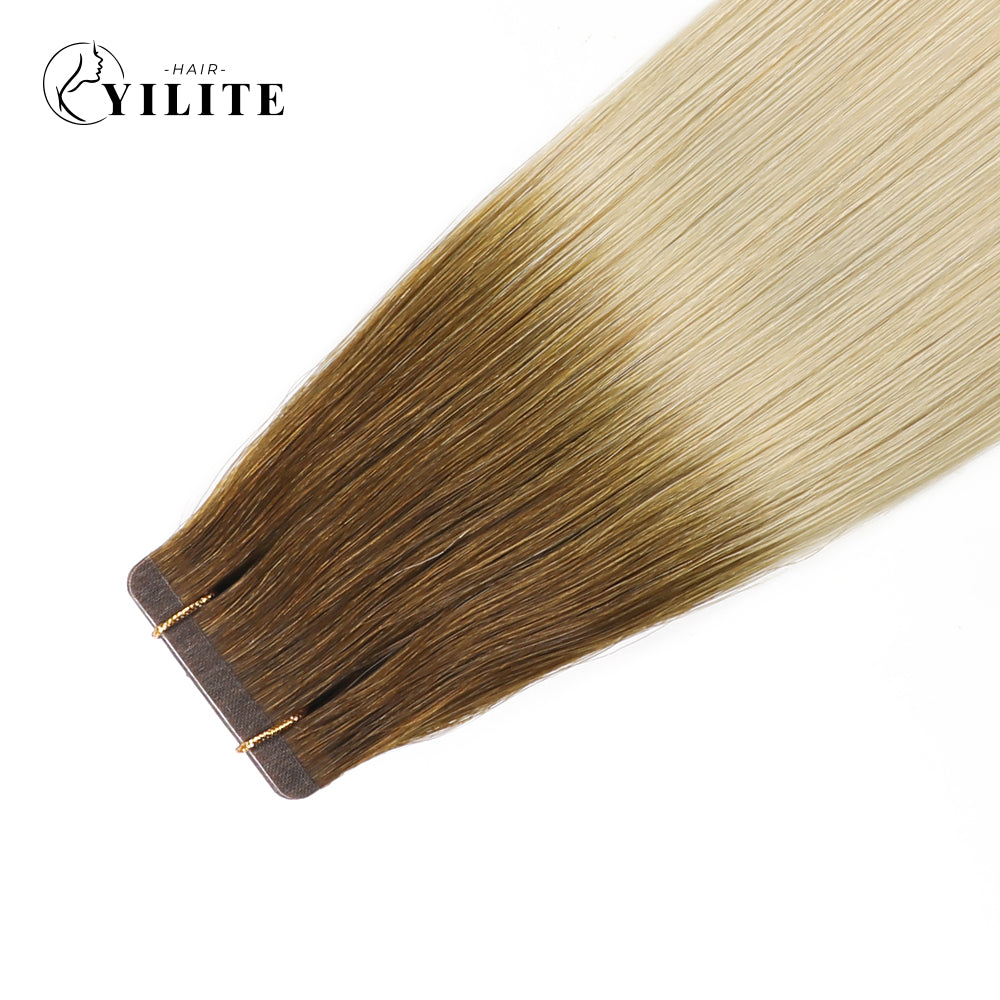 Close-up of Narrow Seamless Injected Hand-Tied Invisible Mini Tape In Hair Extension (#T8/60)