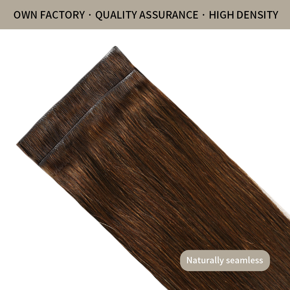 Front view of 2 seamless injected invisible clip in hair extensions (#4 Dark Brown)