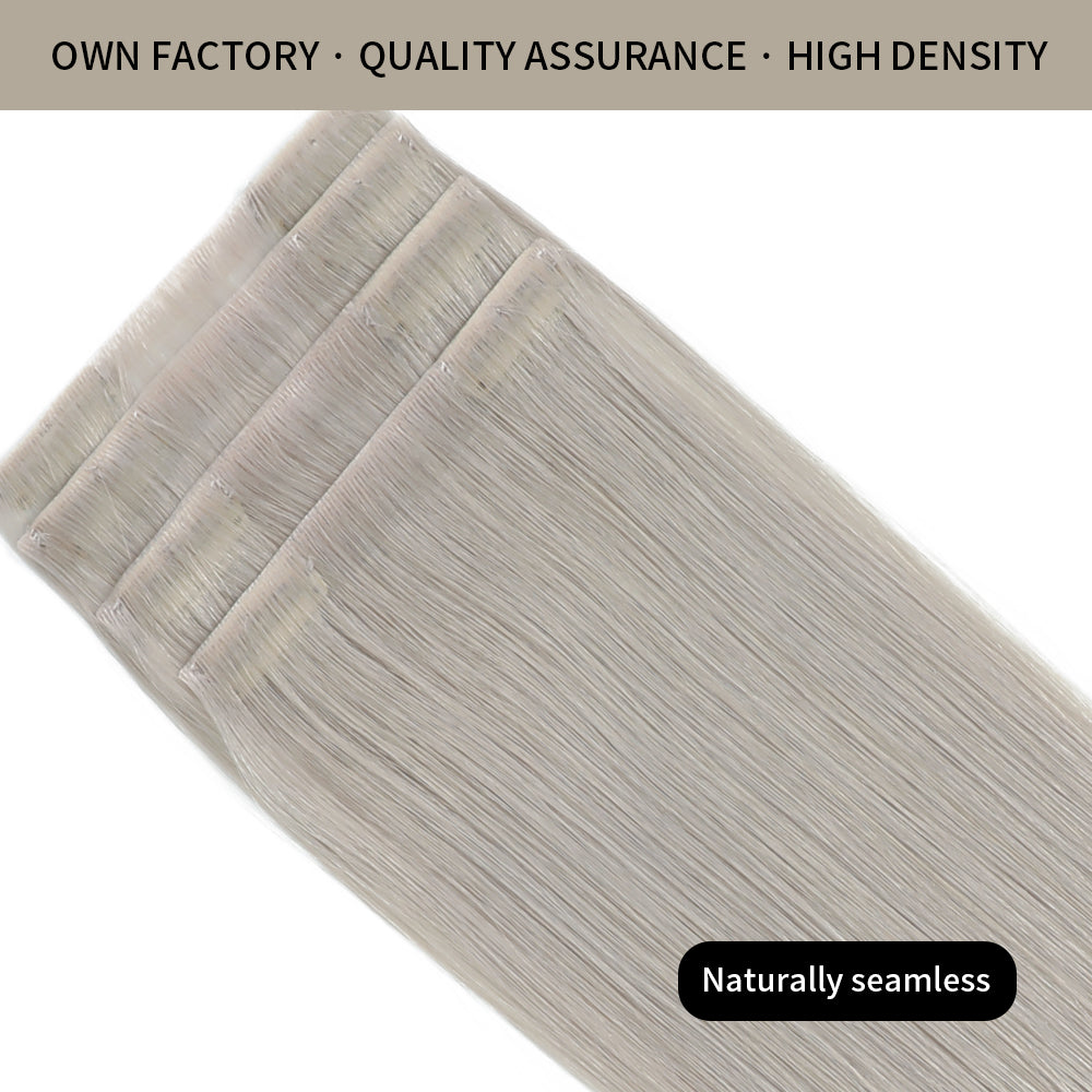 Front view of 4 seamless injected invisible clip in hair extensions (#Silver)