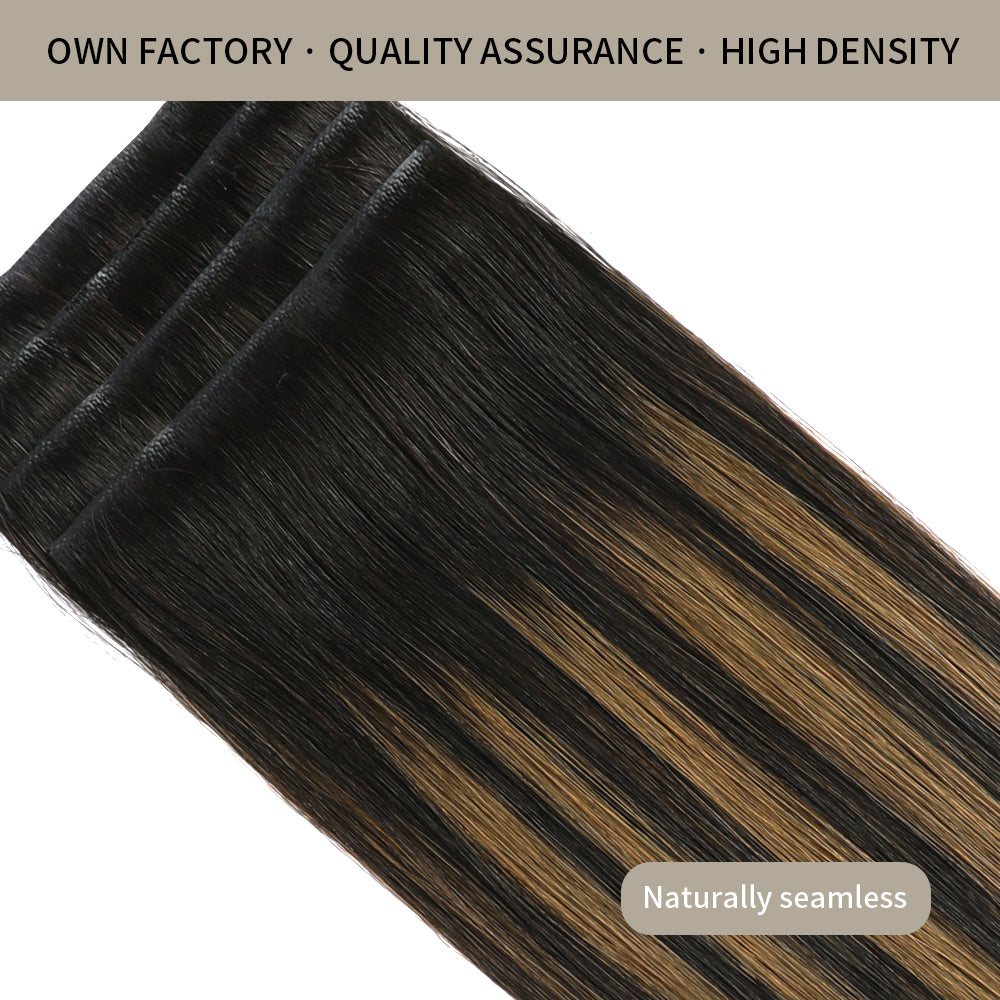 Front view of 4 seamless injected invisible clip in hair extensions (#P1B/6/T1B)
