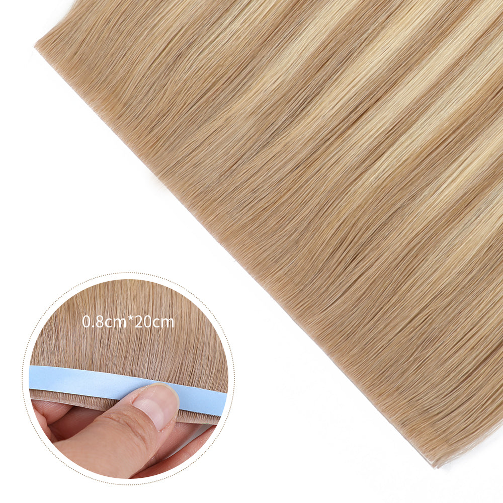 Close-up of Realmhair 20¡Á0.8cm invisible tape-in hair extensions in color #T18/18/613