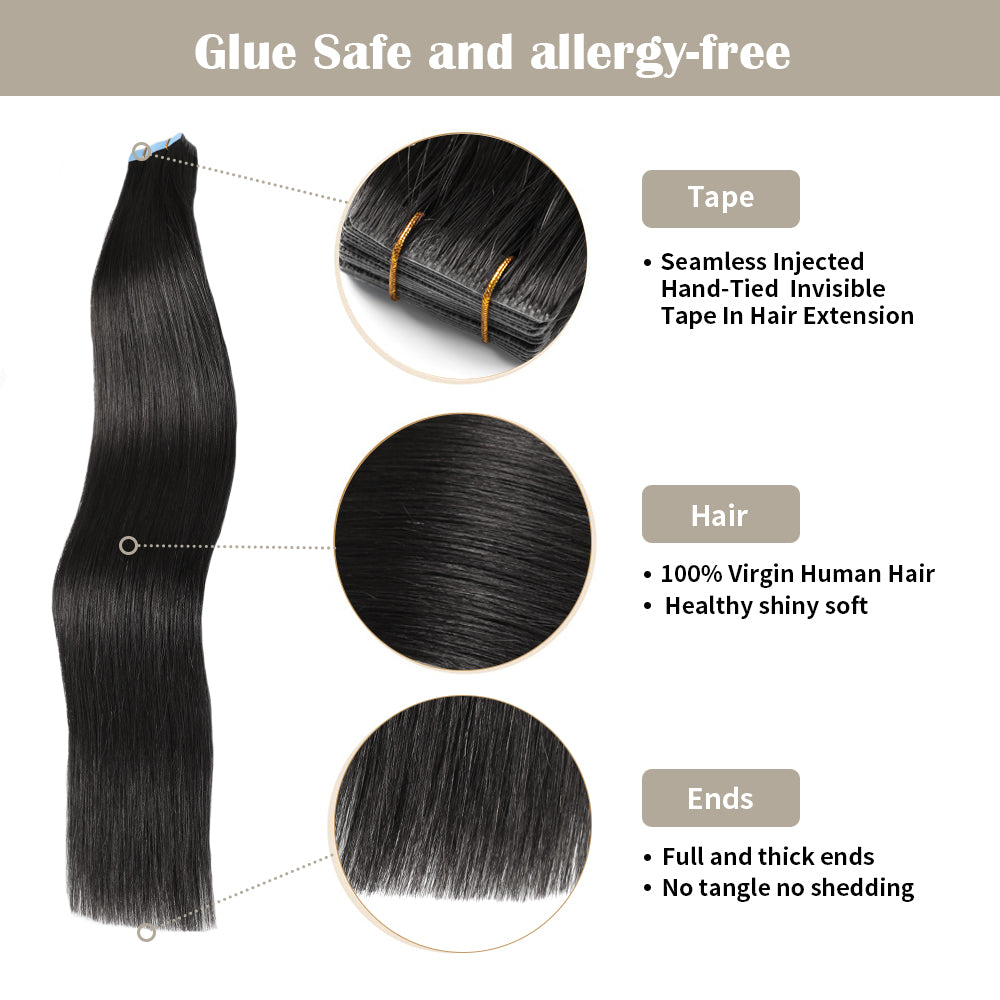 Realmhair invisible tape in hair extensions 20Pcs with safety tapes and full hair ends (#1 )