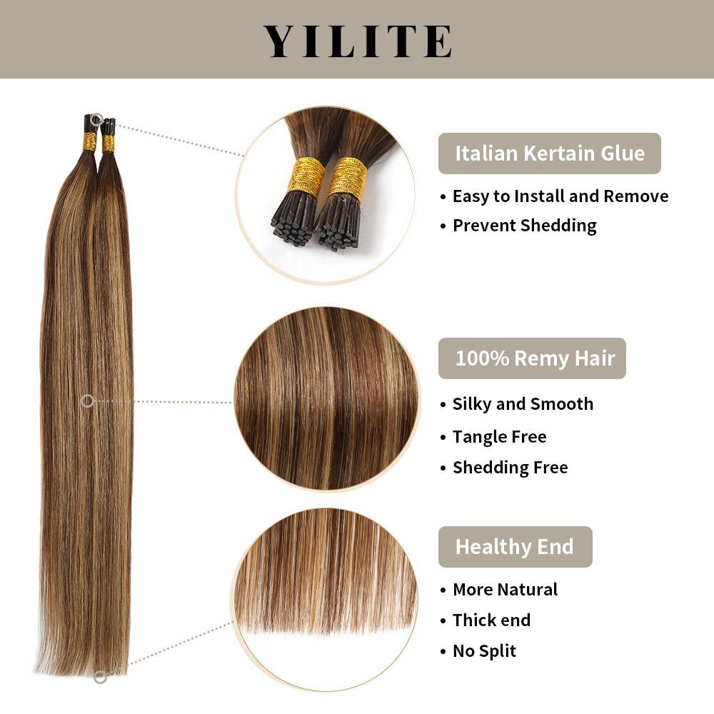 I Tip hair extensions with Italian keratin glue, 100% virgin hair, healthy ends (#P4/27/T4)