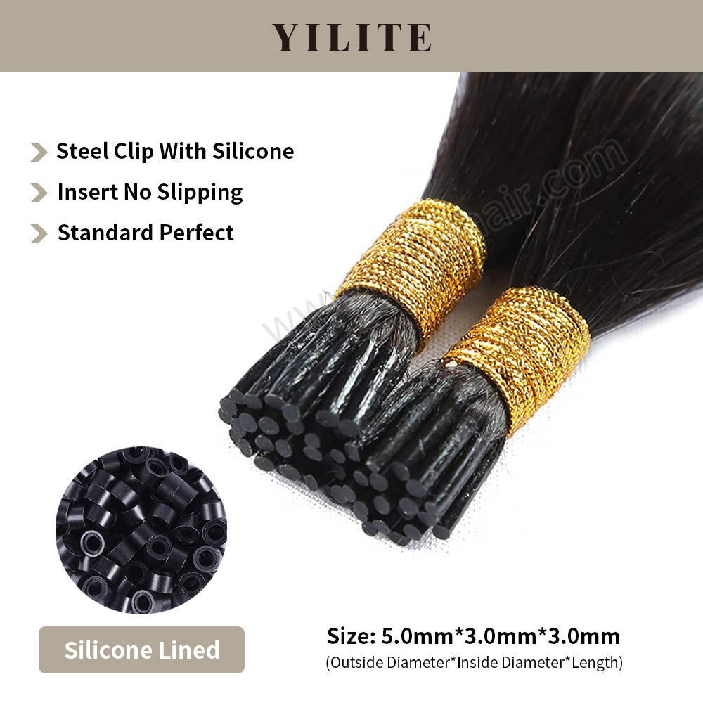 Realmhair #1B I Tip hair extensions shown with silicone-lined beads for illustration (5.0¡Á3.0¡Á3.0mm)