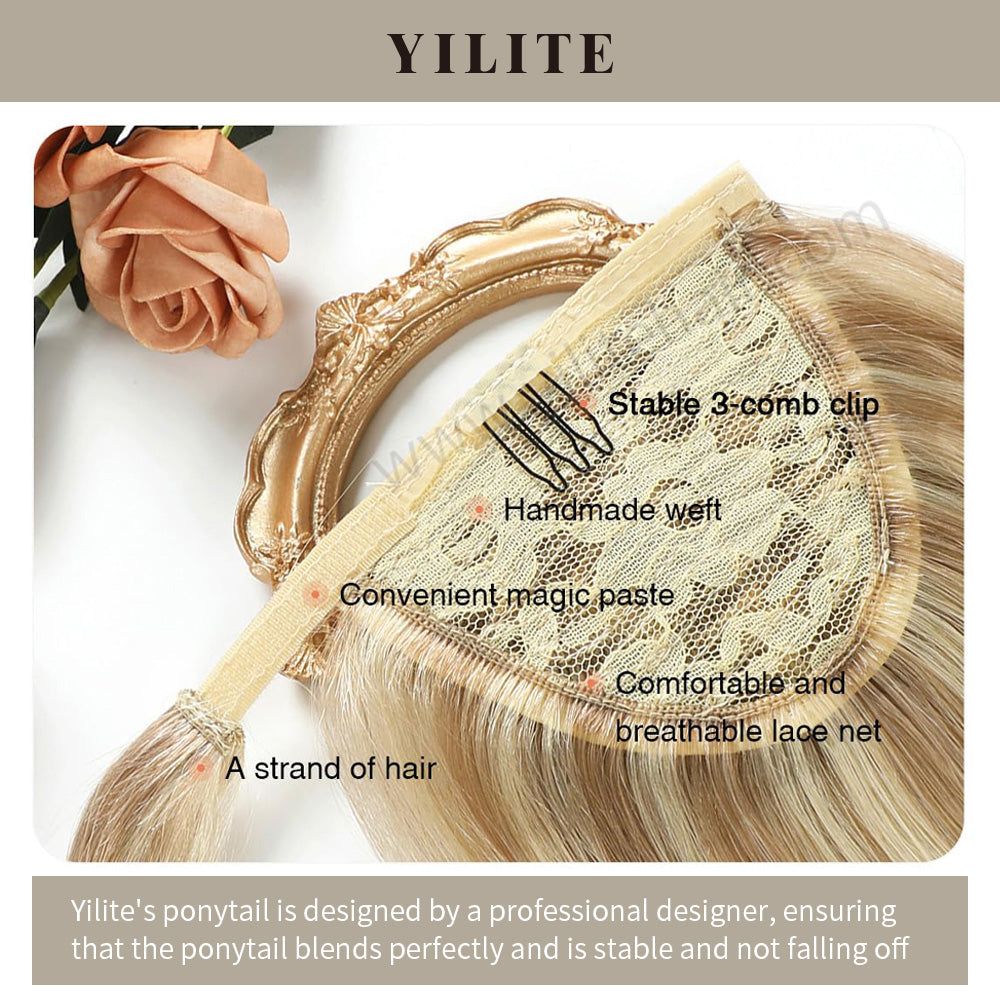 Close-up showing the details of the ponytail extension (#P18/613)