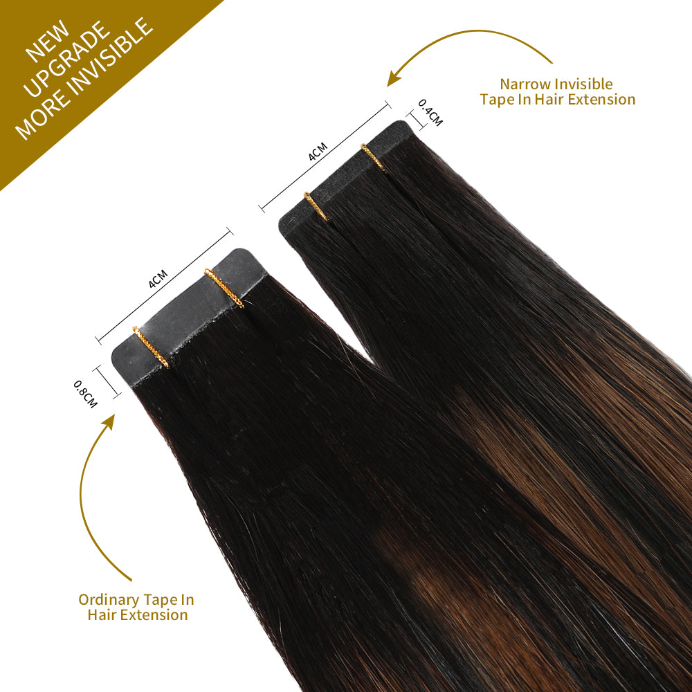 Comparison of narrow tape in hair extensions vs ordinary tape in extensions 24Pcs (#P1B/6/T1B)