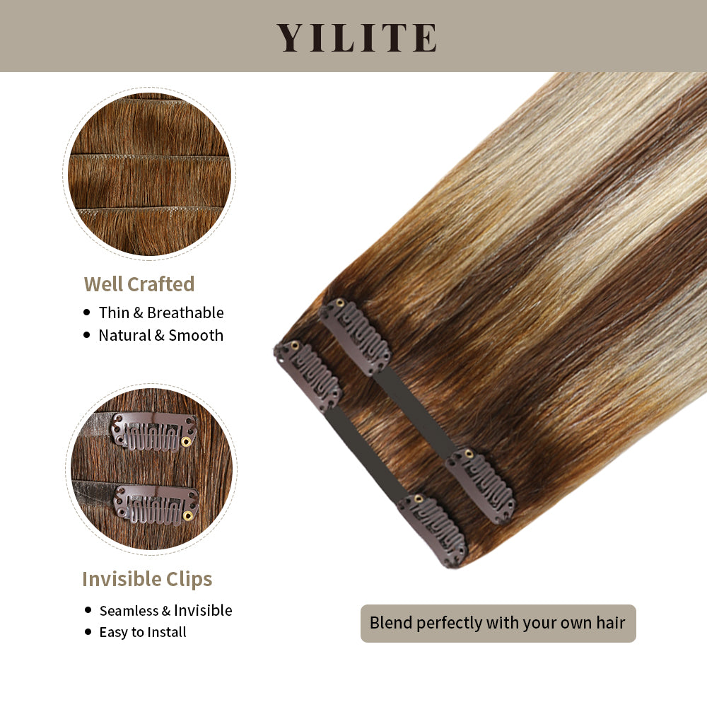 Clip-in hair pads (2 pieces) with front view thumbnail and close-up of clips (#P6/613/T4)