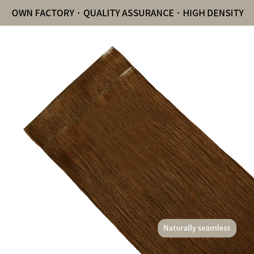 Front view of 2 seamless injected invisible clip in hair extensions (#6 Medium Brown)