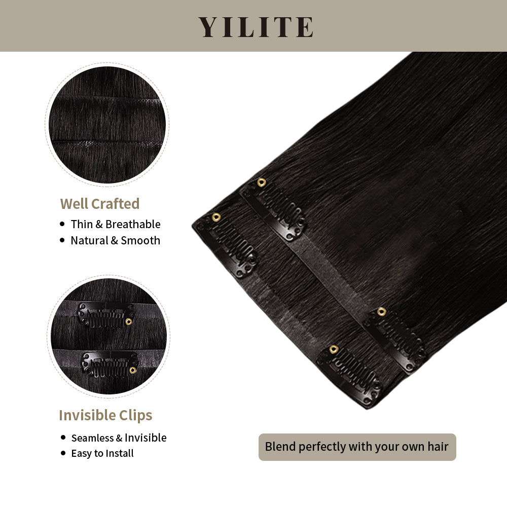 Clip-in hair pads (2 pieces) with front view thumbnail and close-up of clips (#1B Natural Black)