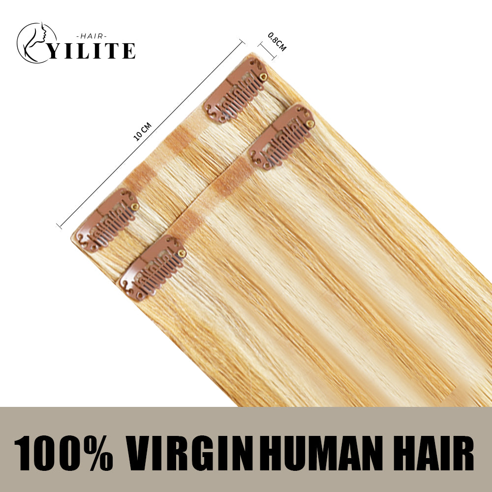 Back view of 2 clip-in hair pads with 2 clips each, 100% virgin human hair in color #P27/613