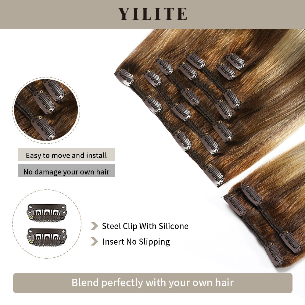 Close-up of seamless clips on clip-in human hair extensions9Pcs 20 Clips (#P6/613/T4)