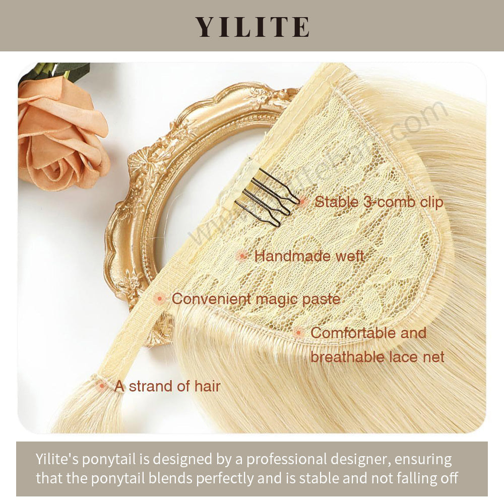 Close-up showing the details of the ponytail extension (#60 Platinum Blonde)