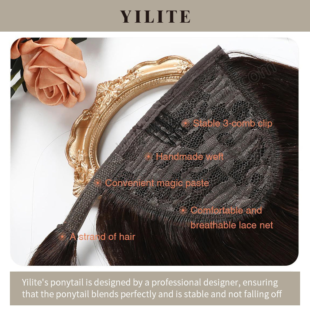 Close-up showing the details of the ponytail extension (#2 Darkest Brown)