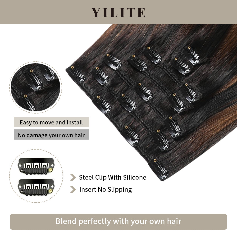 Close-up of clips on #P1B/6/T1B clip-in human hair extensions for secure hold