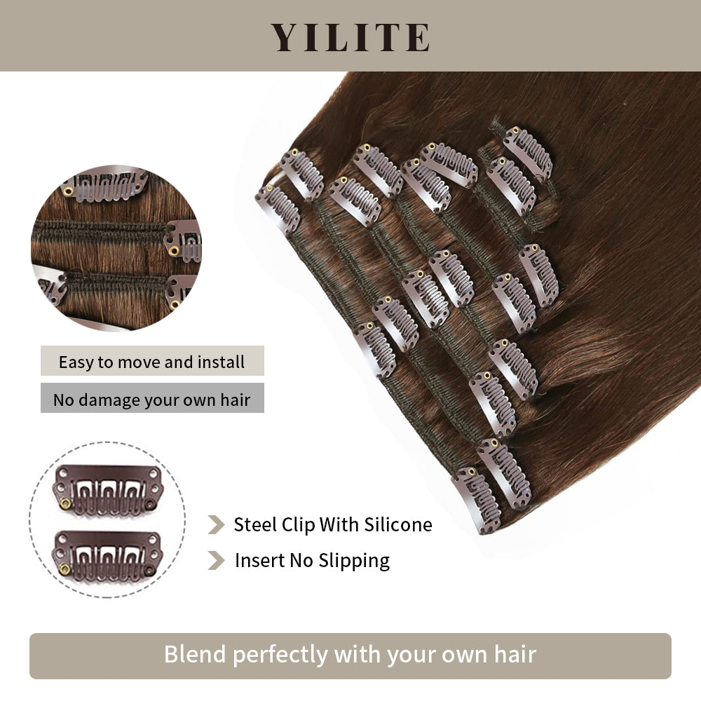 Close-up of clips on #4 Medium Brown clip-in human hair extensions