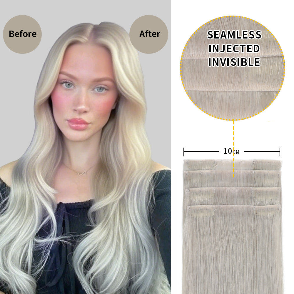 Before and after wearing Realmhair silver seamless clip in hair pads, 10cm wide piece