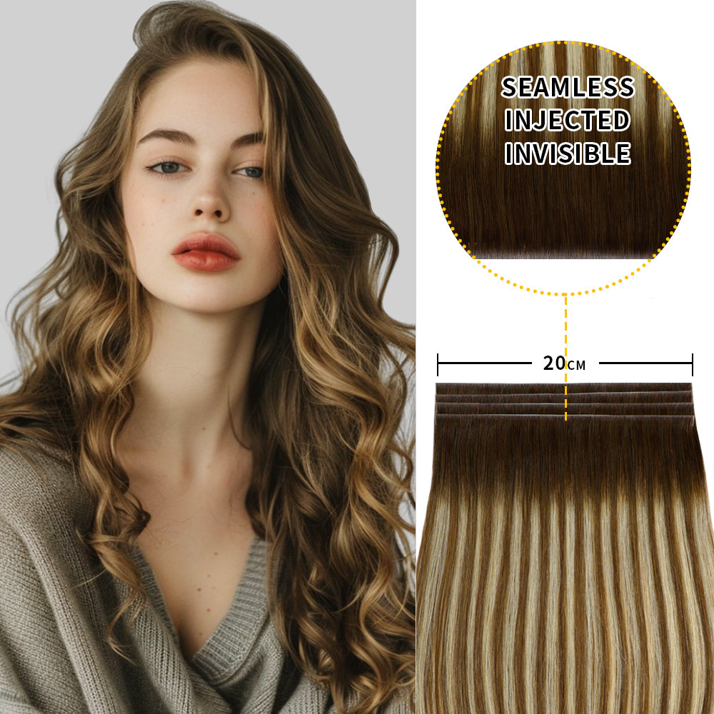 Model showcasing Realmhair 20*0.8cm long invisible tape in hair extension 4Pcs (#P6/613/T4)