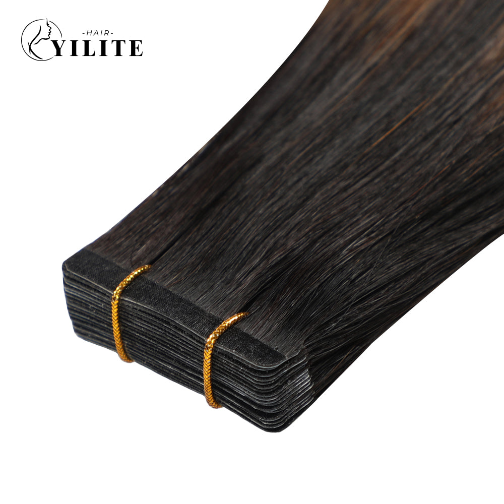 Close-up of narrow invisible mini tape in hair extension Remy human hair 24Pcs (#P1B/6/T1B)