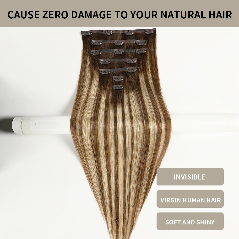 Realmhair Seamless Injected Hand-Tied Invisible Clip-ins 7Pcs 16 Clips Virgin Human Hair (#P6/613/T4)