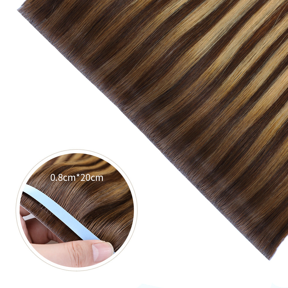Close-up of Realmhair 20¡Á0.8cm invisible tape-in hair extensions in #P4/27/T4