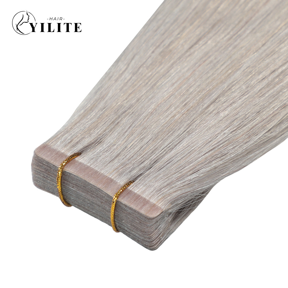 Close-up of narrow invisible mini tape in hair extension Remy human hair 24Pcs (#Silver)