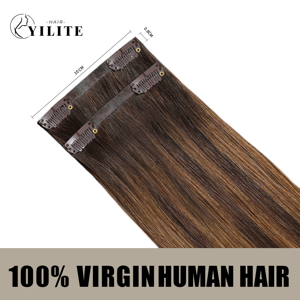 Back view of 2 clip-in hair pads with 2 clips each, 100% virgin human hair in color #P2/6/T2