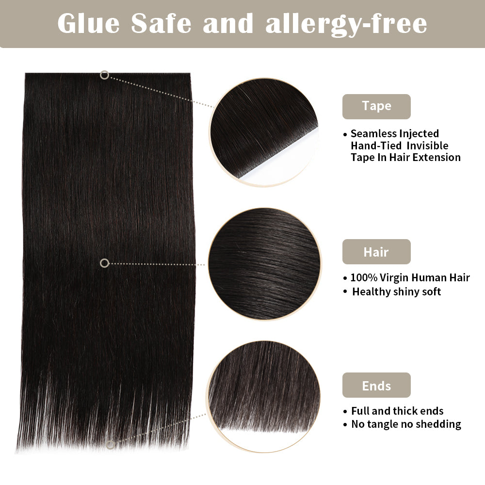 Details of Realmhair invisible tape-in extensions (#1B): seamless tape, virgin hair, thick ends