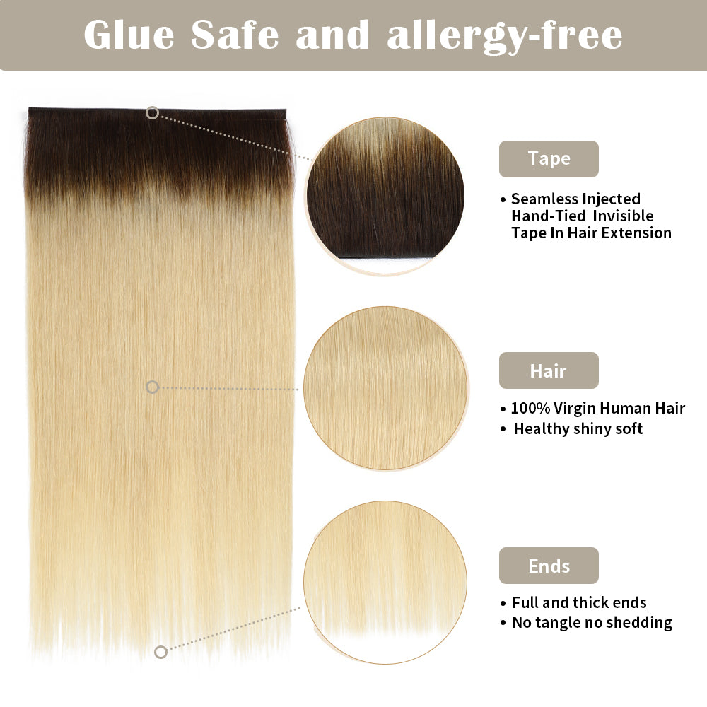 Details of Realmhair invisible tape-in extensions (#T2/60): seamless tape, virgin hair, thick ends