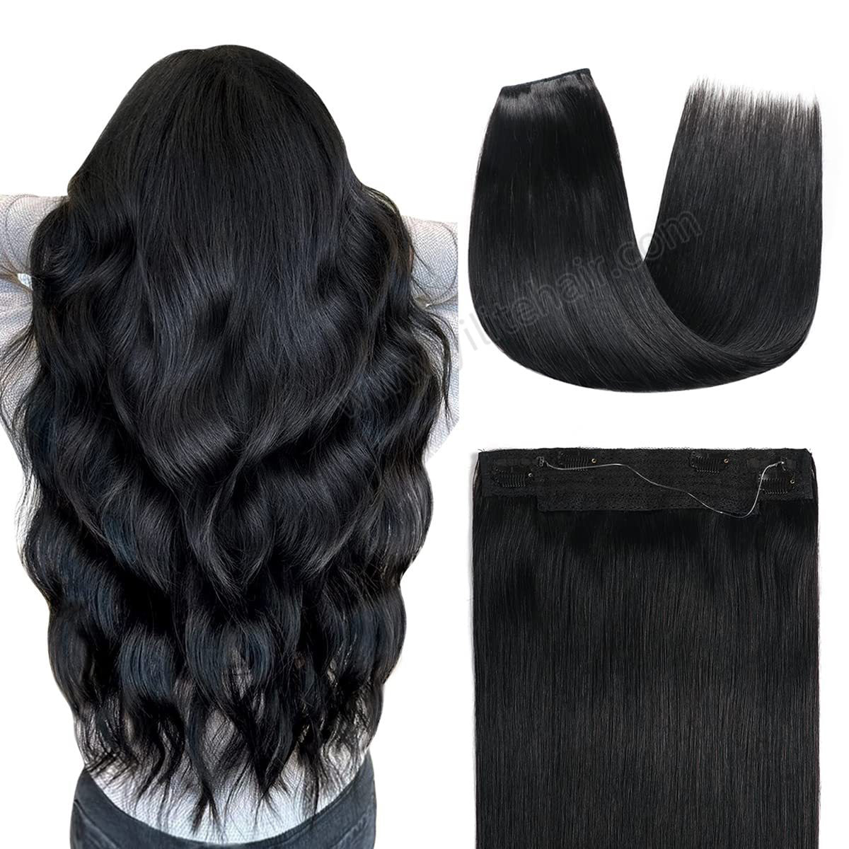 Back view of the model showing wire extensions in color #1 and a close-up of the hair extensions