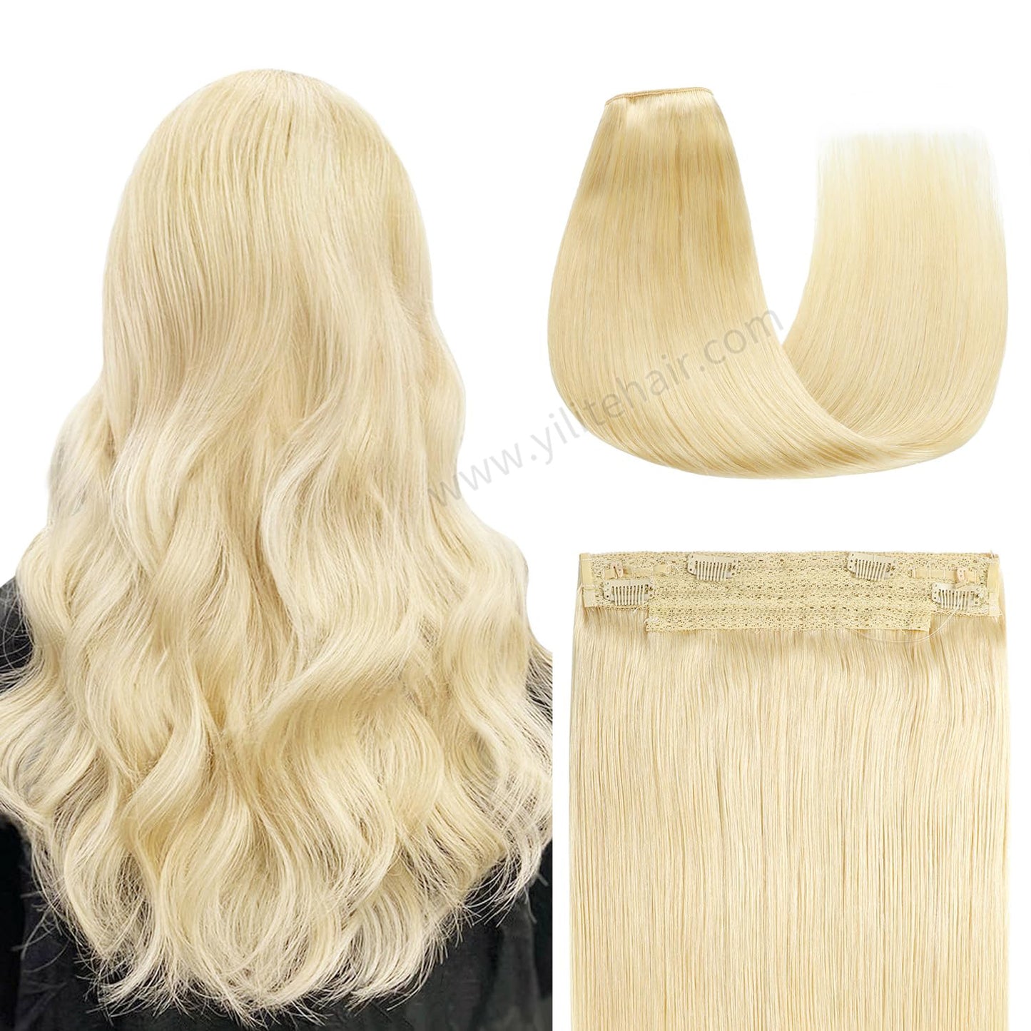 Back view of the model showing wire extensions in color #60, and a close-up of the hair extensions