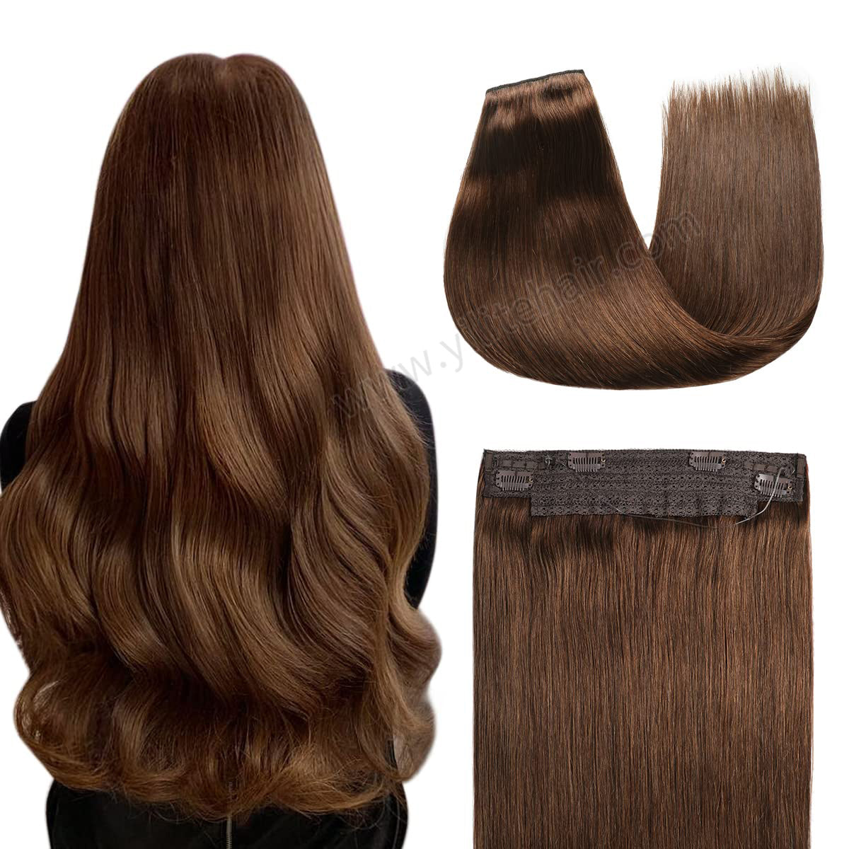 Back view of the model showing wire extensions in color #4, and a close-up of the hair extensions